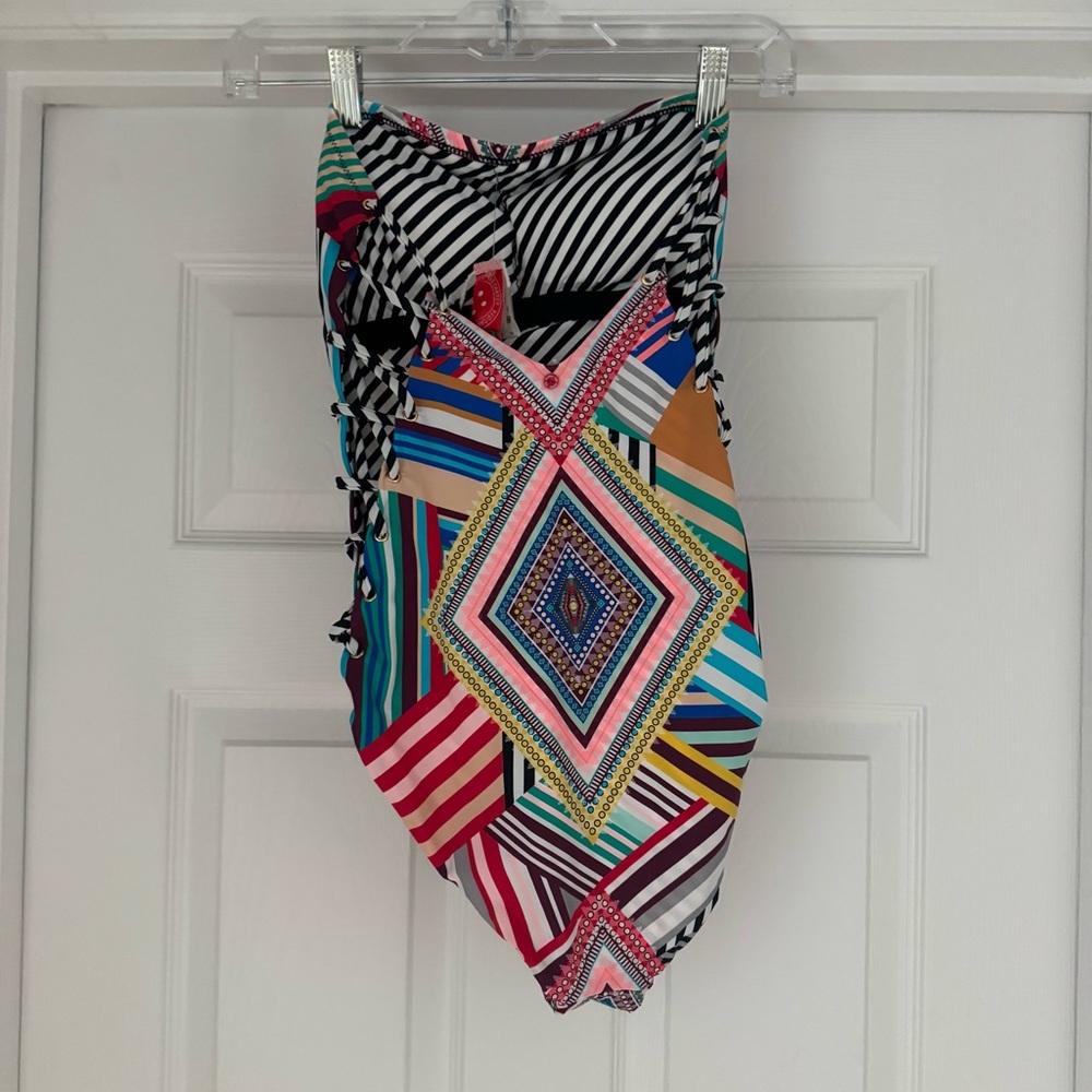 Red Carter Multicolor Geometric One-Piece Swimsuit — Pink, Blue, Teal, Mustard - Picture 2 of 14